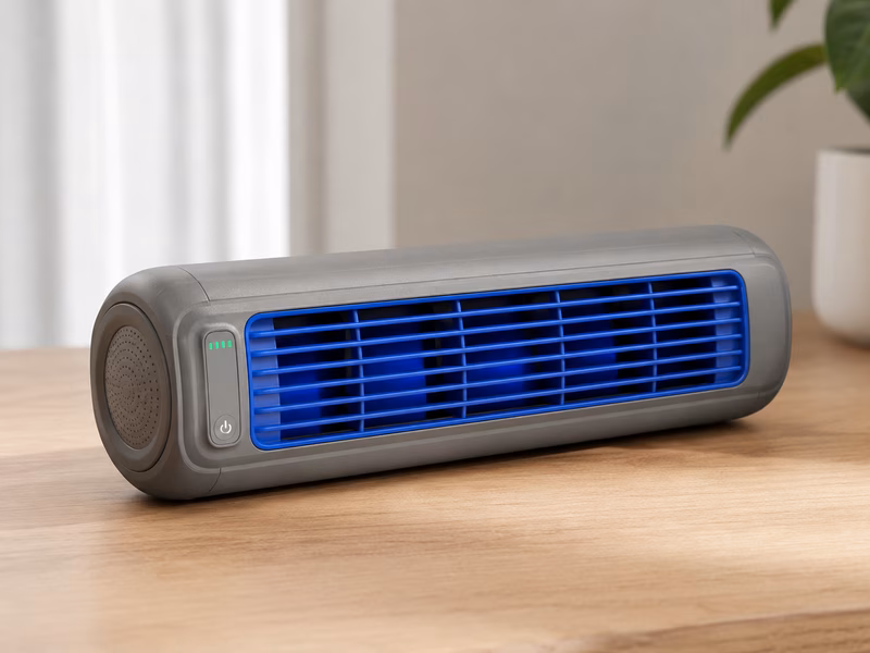 Gros plan d'un rafraîchisseur d'air portable élégant et moderne avec des boutons réglables.